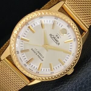 Vintage 1973 Roamer Manual Mens Gold Watch W/Metal Strap & Silver accents